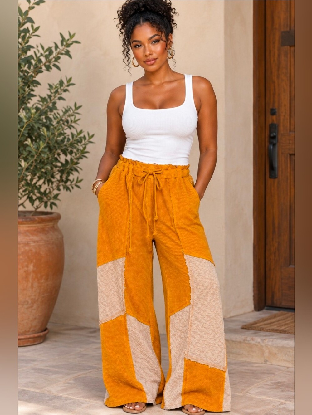 NEW!! POL Comfy Wide-Leg Patchwork Pants in Mustard and Cream, Sz Large